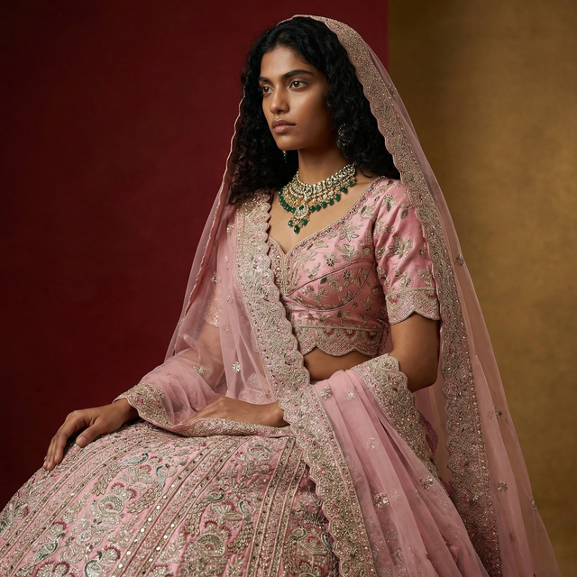 Soft pink bridal lehenga with draped dupatta, gold-tone and green embellished neckline