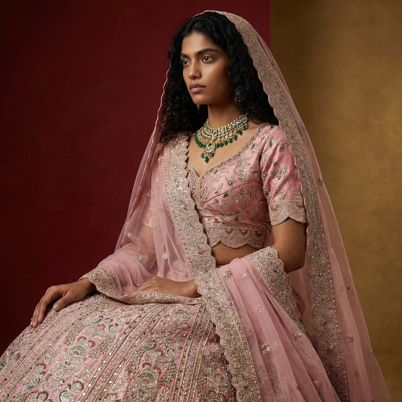 Pink embroidered lehenga set with sheer dupatta veil and silver-gold border detailing