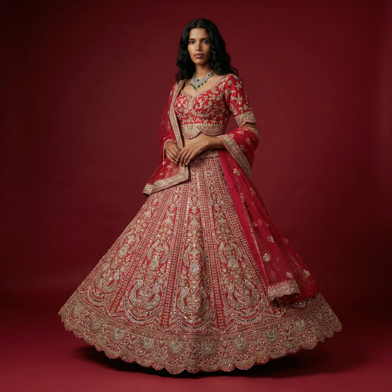 Rani pink bridal lehenga choli with embroidered fitted blouse and full flared skirt
