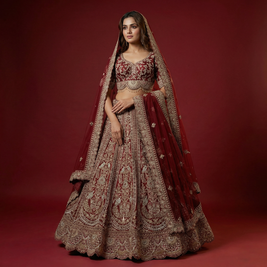 Rajgharana : Double Dupatta Maroon Handwork Wedding Lehenga