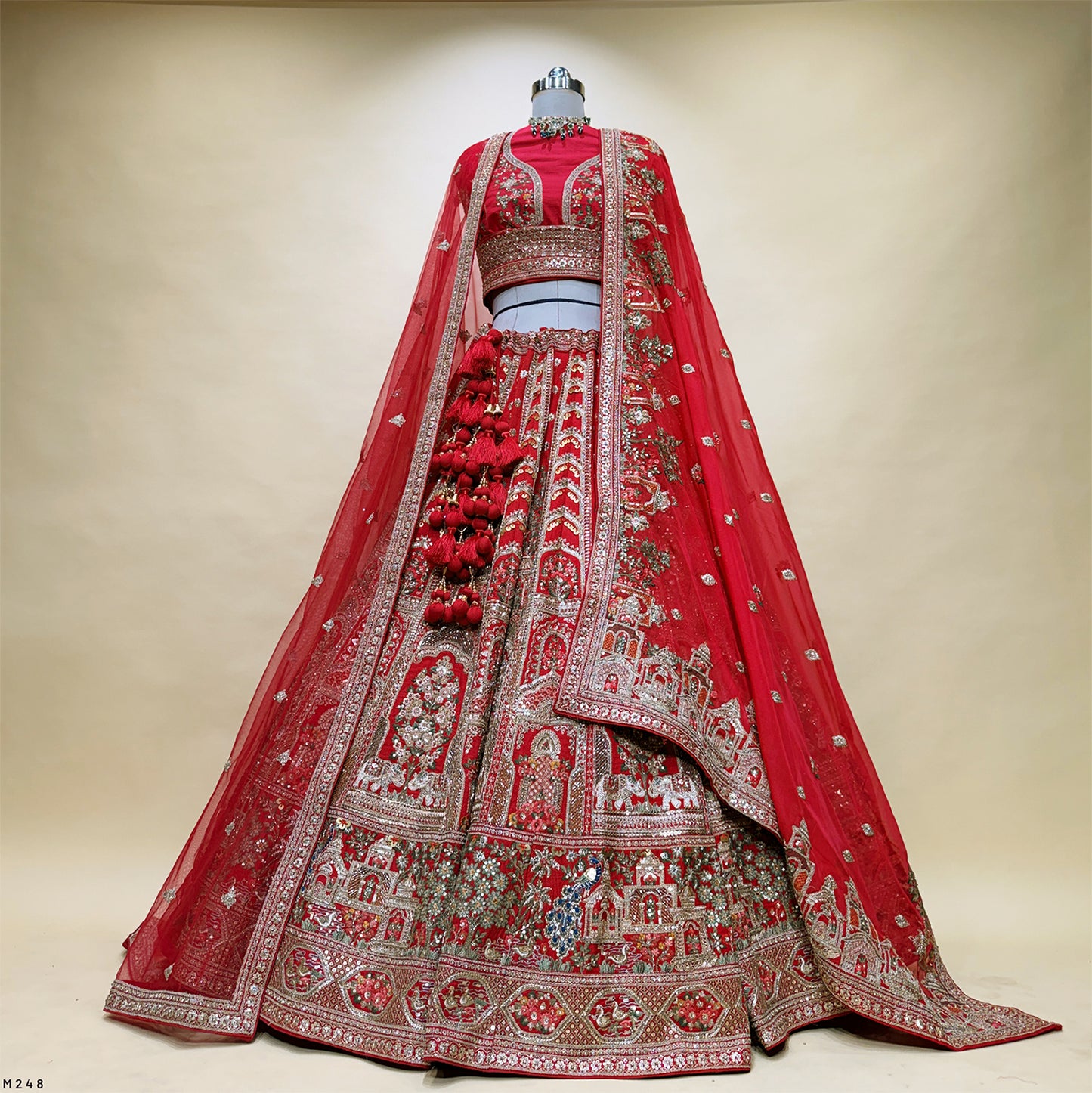 Amrapali - Peacocks Elephants Motif Cutdana Threadwork Red Bridal Lehenga