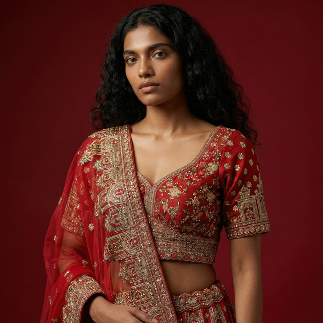 Red bridal lehenga blouse with deep V neckline, cutdana threadwork peacock-elephant motifs.