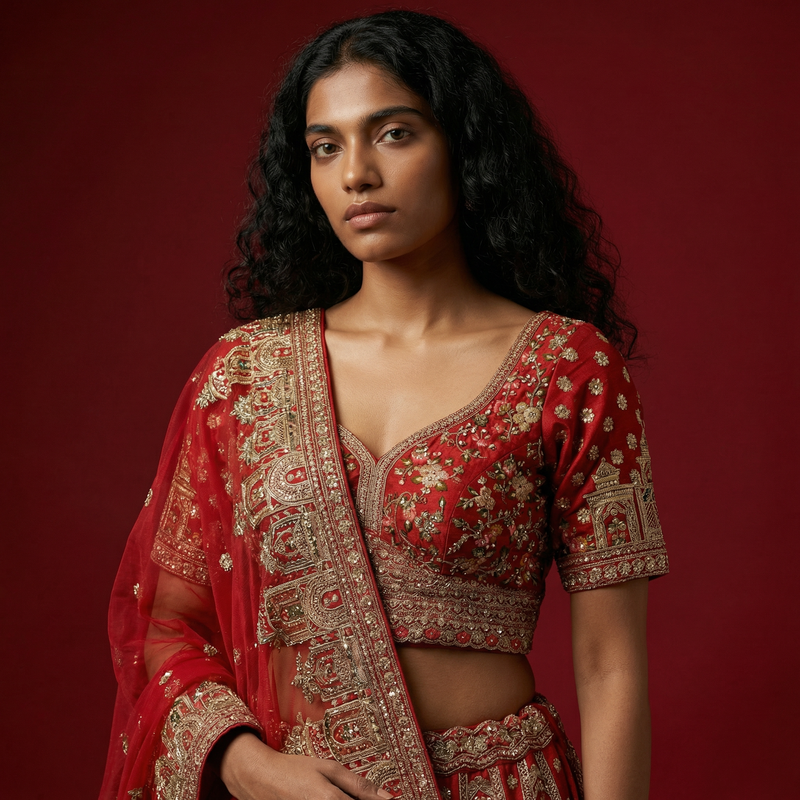 Red bridal lehenga blouse with deep V neckline, cutdana threadwork peacock-elephant motifs.