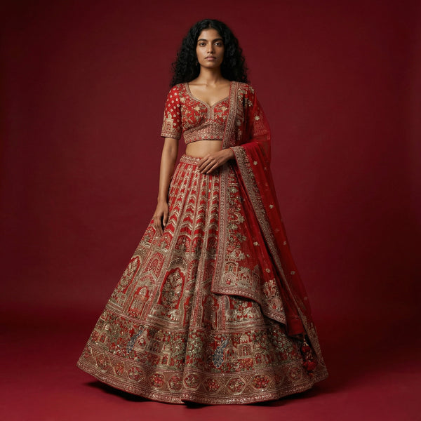 Red bridal lehenga with ornate gold motif embroidery, matching blouse and sheer dupatta.