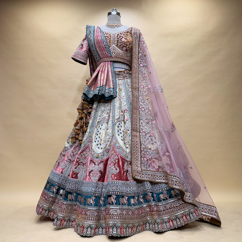 Damsel - Double Dupatta Multicolor Velvet Designer Lehenga - JMS Studio