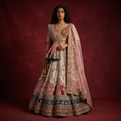 Damsel - Double Dupatta Multicolor Velvet Designer Lehenga - JMS Studio
