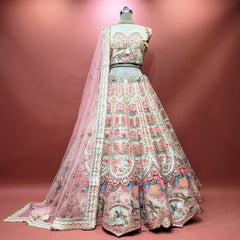 Ivory bridal lehenga skirt with multicolour floral embroidery and pink sheer dupatta