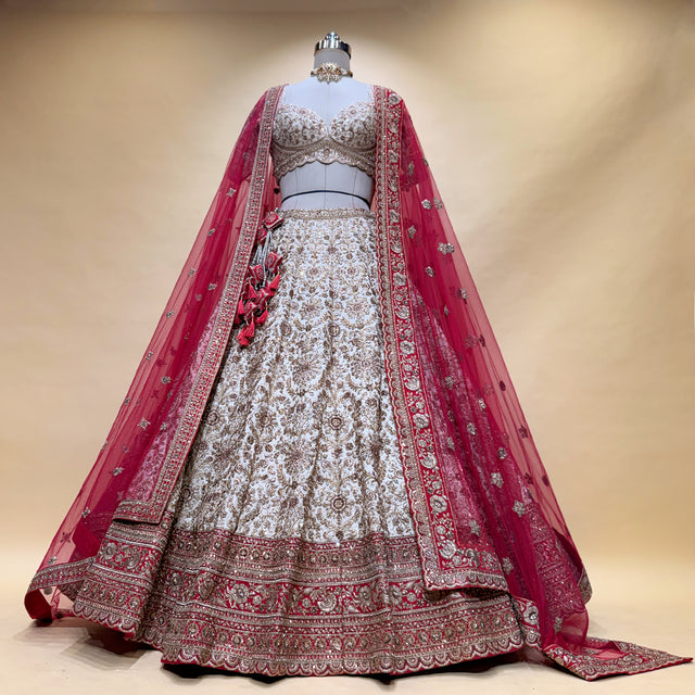 Royal Baggi - Ready-to-Wear White & Red Panetar Bridal Lehenga with Double Dupatta