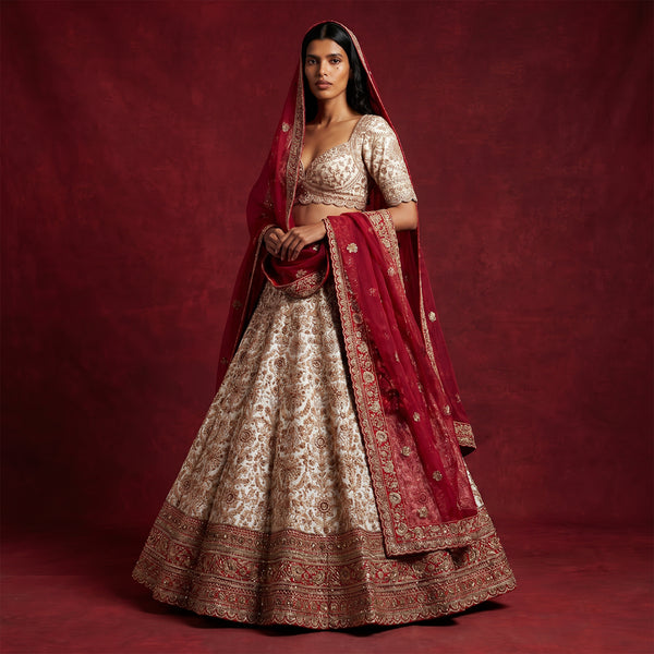Royal Baggi - Ready-to-Wear White & Red Panetar Bridal Lehenga with Double Dupatta