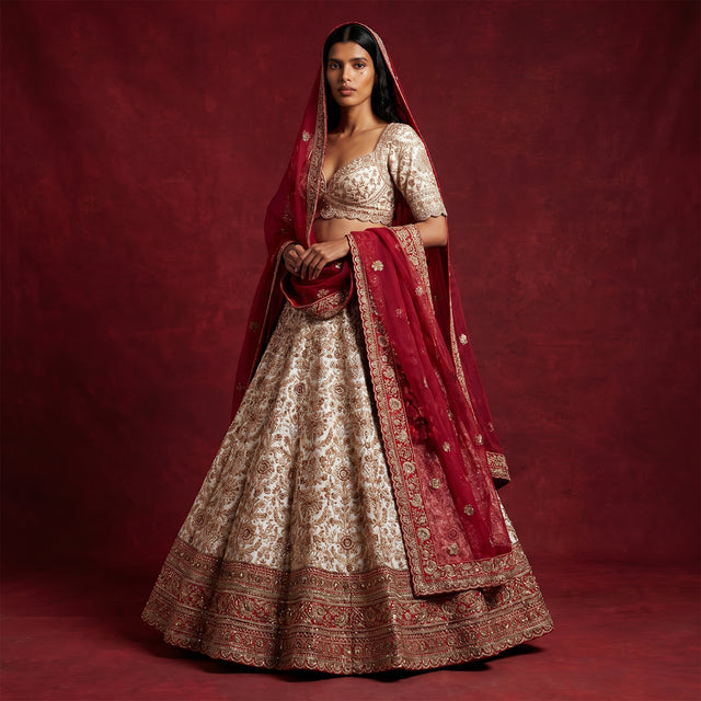 Royal Baggi - Ready-to-Wear White & Red Panetar Bridal Lehenga with Double Dupatta