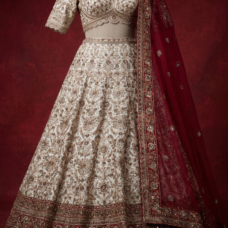 Royal Baggi: Ivory Panetar Zari Stone Work Bridal Lehenga