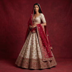 Royal Baggi: Ivory Panetar Zari Stone Work Bridal Lehenga