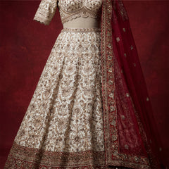 Royal Baggi - Ready-to-Wear White & Red Panetar Bridal Lehenga with Double Dupatta