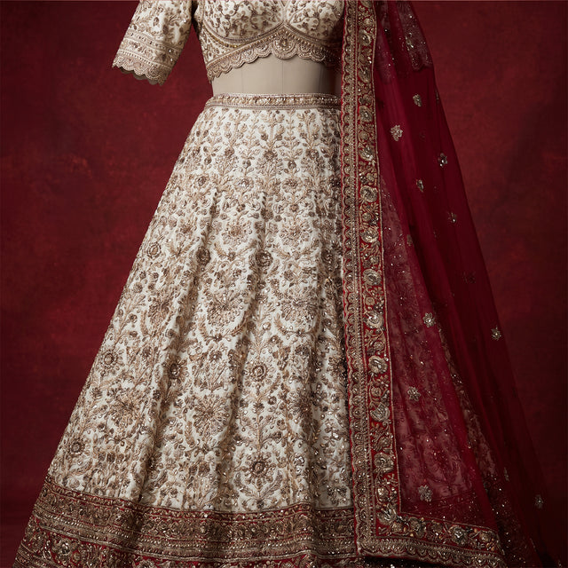 Royal Baggi - Ready-to-Wear White & Red Panetar Bridal Lehenga with Double Dupatta
