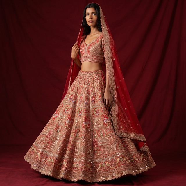 Red bridal lehenga with embroidered blouse and red net dupatta, full-length skirt