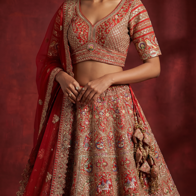 Red embroidered blouse and tiered lehenga skirt with red net dupatta drape