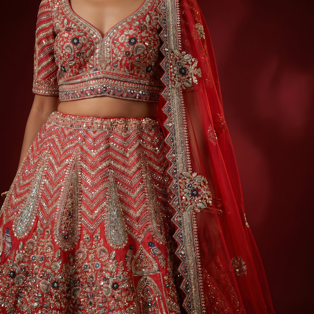 Red embroidered blouse crop with V-neck, geometric motifs and border trim