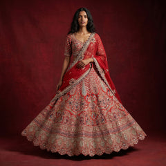 Red bridal lehenga with ornate gold embroidery and double dupatta, full flare skirt