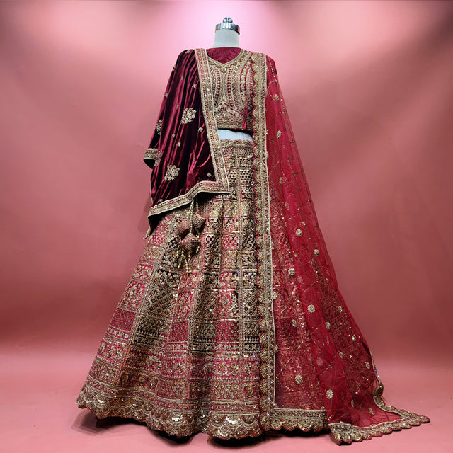 Marwar bridal lehenga with maroon skirt and ornate gold embroidery, matching dupatta