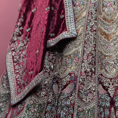 Maroon velvet dupatta with jeweled zari embroidery and ornate border detail