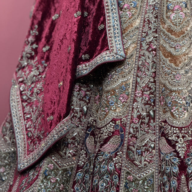 Maroon velvet dupatta with jeweled zari embroidery and ornate border detail