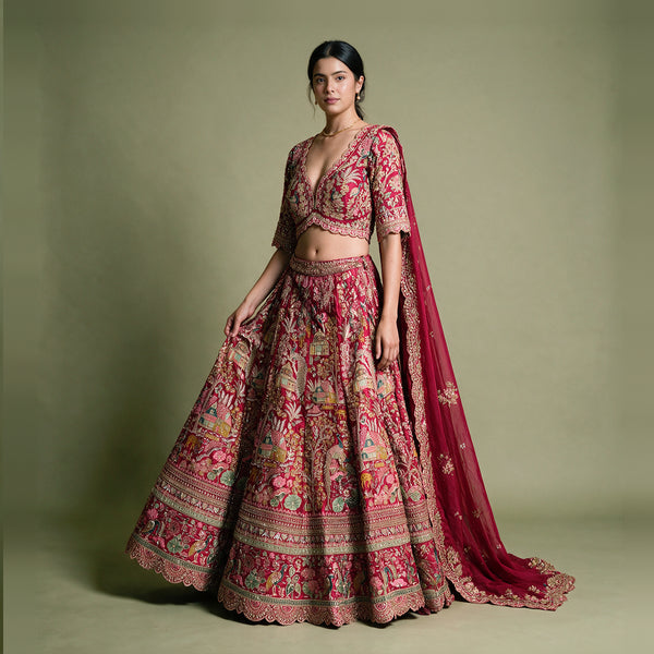 Royal Baggi - Pink Raw Silk Meenakari Resham Bridal Lehenga with Heavy Organza Cutwork Dupatta & Net Dupatta