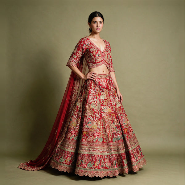 Royal Baggi - Red Raw Silk Meenakari Resham Bridal Lehenga with Heavy Organza Cutwork Dupatta & Net Dupatta