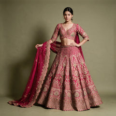 Model in a pink and gold zari and stone work lehenga with a V-neck blouse and heavy organza dupatta against an olive backdrop