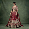 Model in a maroon raw silk bridal lehenga with gold zari columns, elephant procession hem, embroidered blouse and net dupatta against a green backdrop