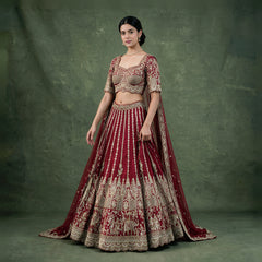 Model in a maroon raw silk bridal lehenga with gold zari columns, elephant procession hem, embroidered blouse and net dupatta against a green backdrop