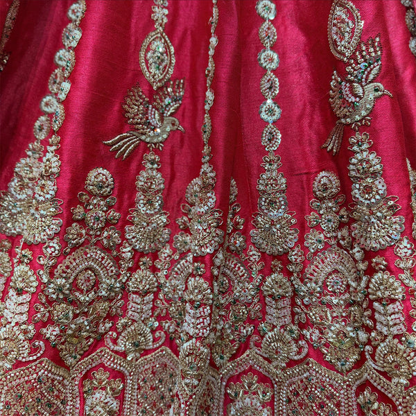 Rani pink lehenga skirt with dense silver sequin beadwork motifs