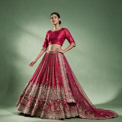 Rani pink raw silk bridal lehenga with elephant procession hem, sequin and zari work and net dupatta, worn