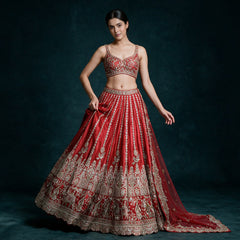 Red raw silk bridal lehenga with elephant procession hem, sequin and zari work and net dupatta, worn