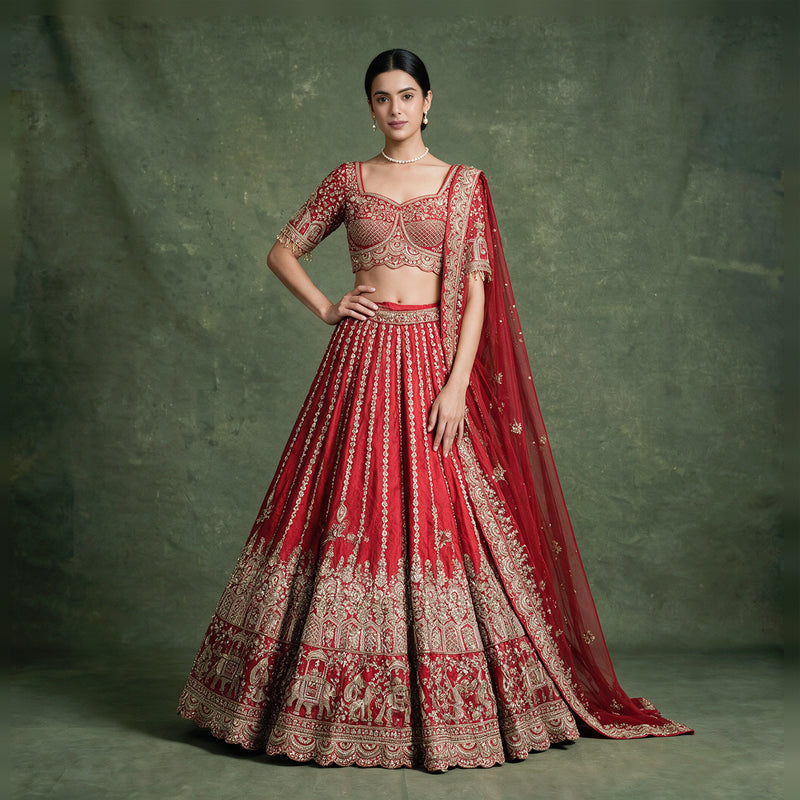 Amrapali - Red Raw Silk Elephant Procession Bridal Lehenga with Double Net Dupatta