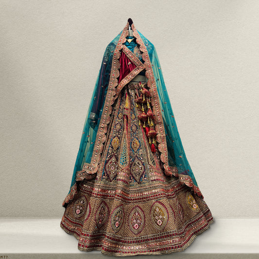 Rajgharana - The Velvet Maroon Peacock Blue Bridal Lehenga