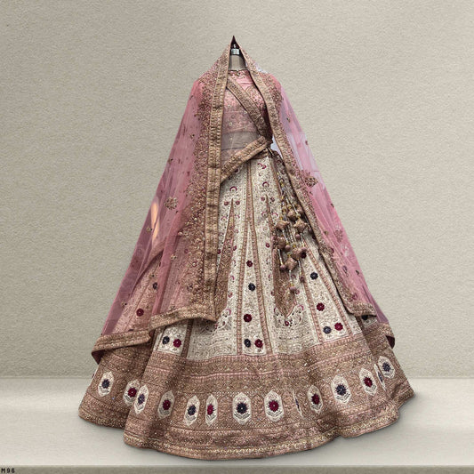 Rosé - Double Dupatta Raw Silk Off White Baby Pink Bridal Lehenga