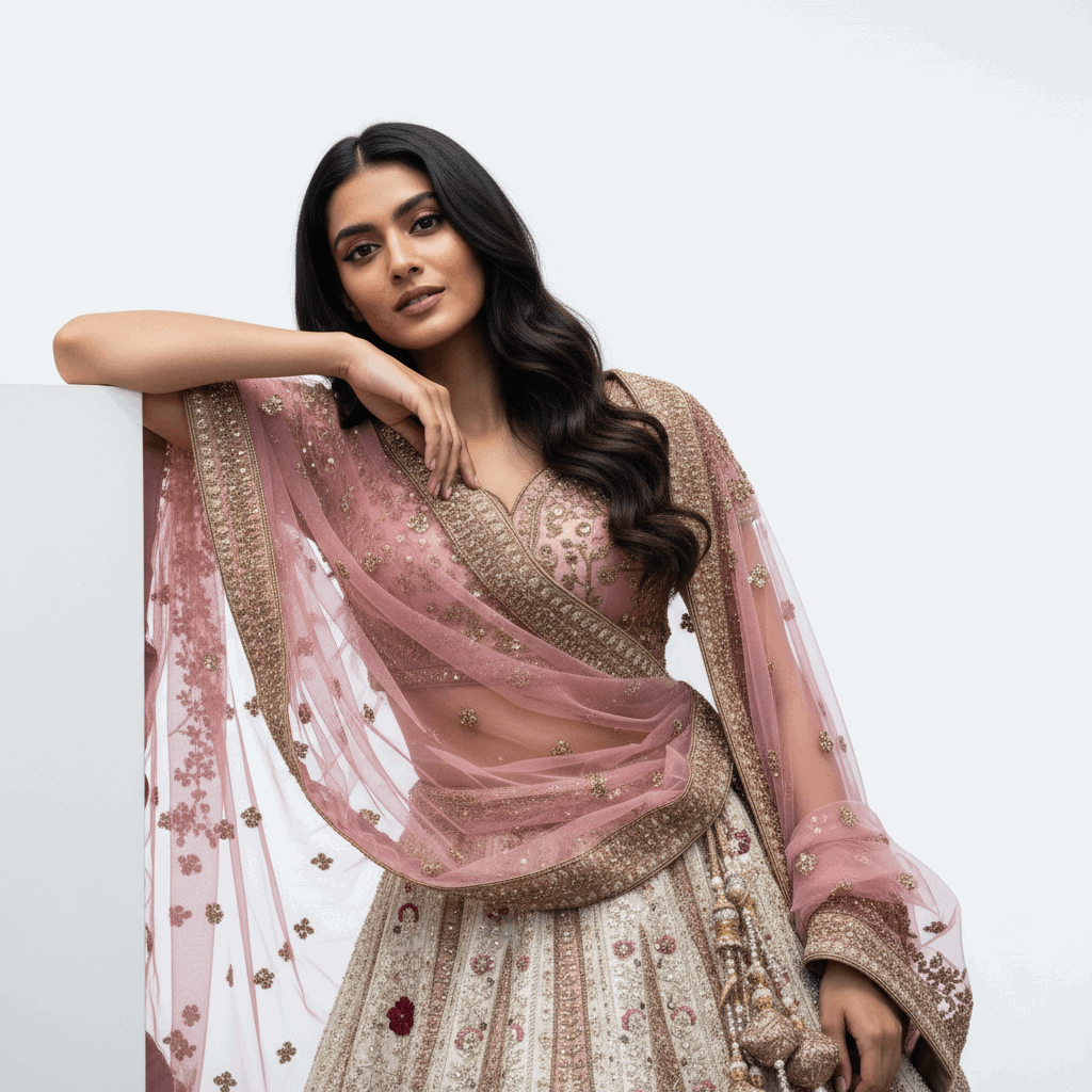 Rosé - Double Dupatta Raw Silk Off White Baby Pink Bridal Lehenga
