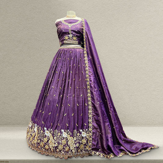 Aisha - Beads Cutdana Work Tissue Silk Sider Lehenga - Purple