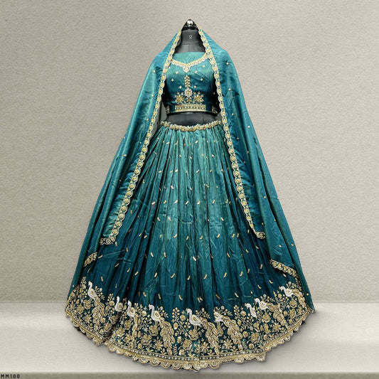 Aisha - Beads Cutdana Work Tissue Silk Sider Lehenga - Blue