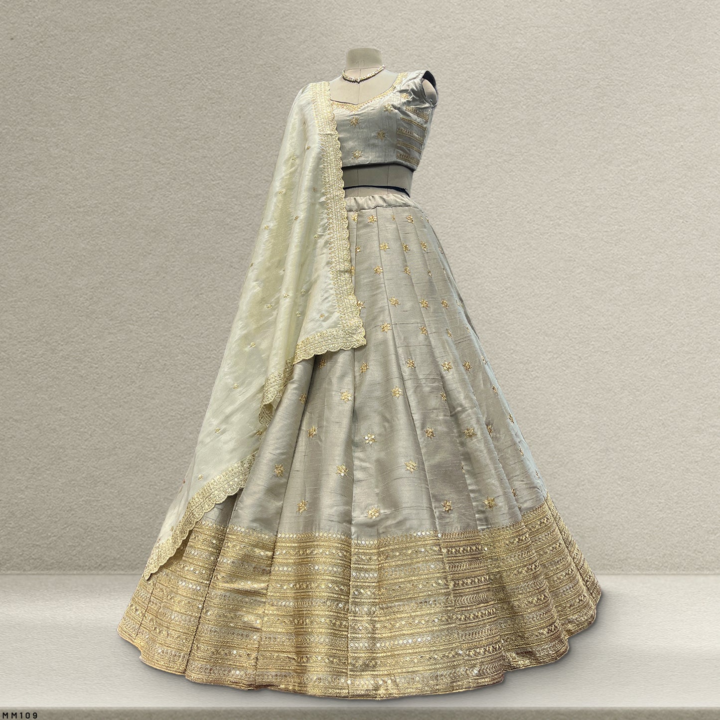 Rosé - Raw Silk Big Flared Boutique Silver Ash  Ready-to-Wear lehenga