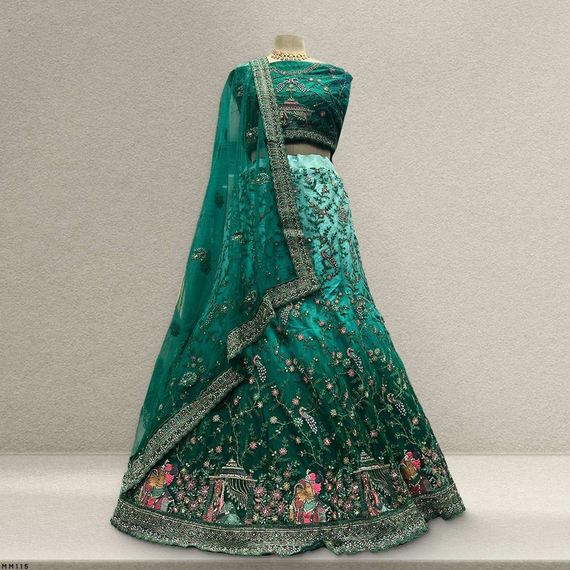 Padmini - Meenakari Threadwork Partywear Lehenga Set Rama