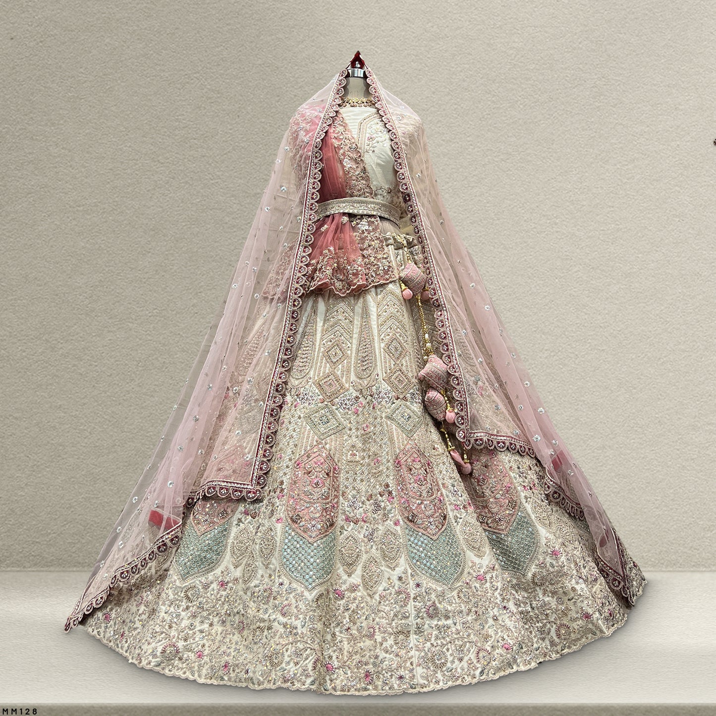 Rosé - Double Dupatta Raw Silk Off White Bridal Lehenga