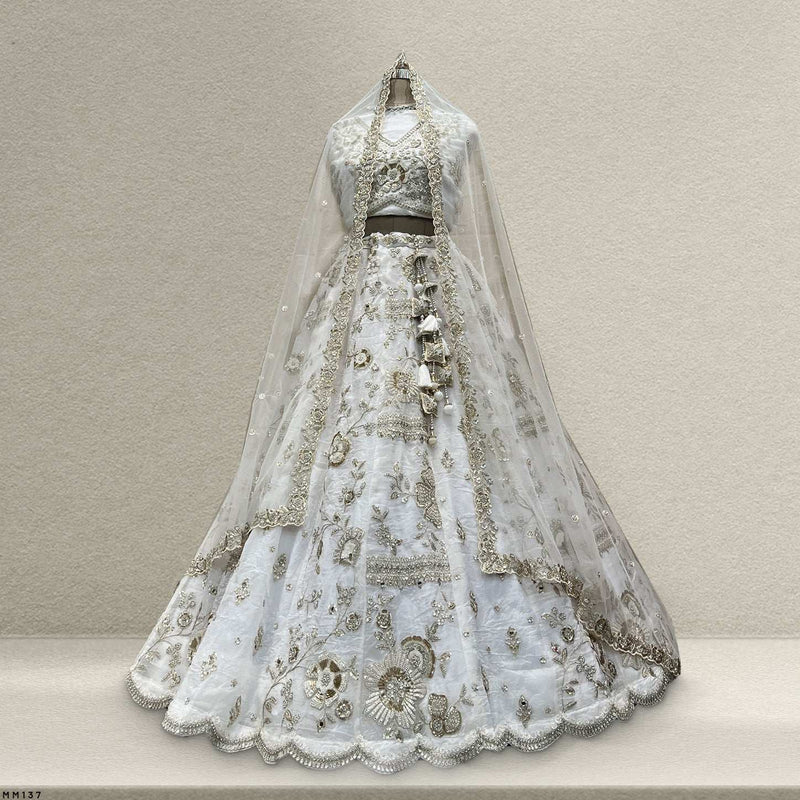 Damsel - Crystal Organza Lehenga Embellished Gorgeous Zari Work White