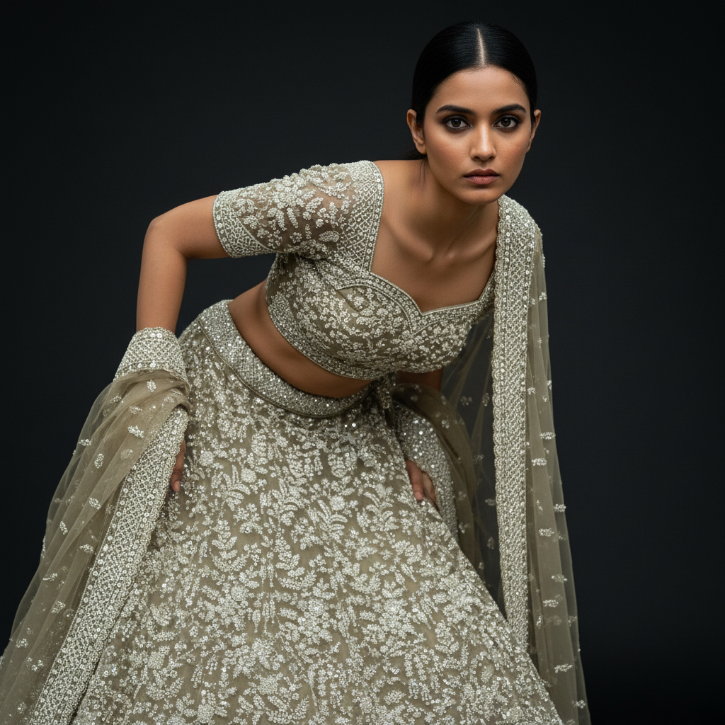 Jazzagals - Delicate Pearl Cutdana Handwork Couture Lehenga Sage Green
