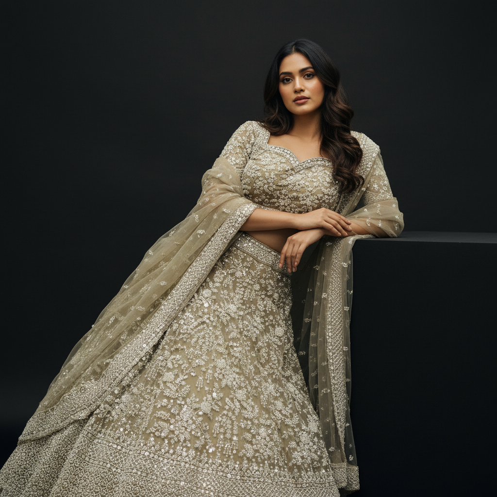 Jazzagals - Delicate Pearl Cutdana Handwork Couture Lehenga Sage Green