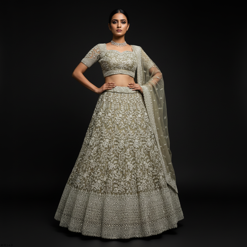 Jazzagals - Delicate Pearl Cutdana Handwork Couture Lehenga Sage Green
