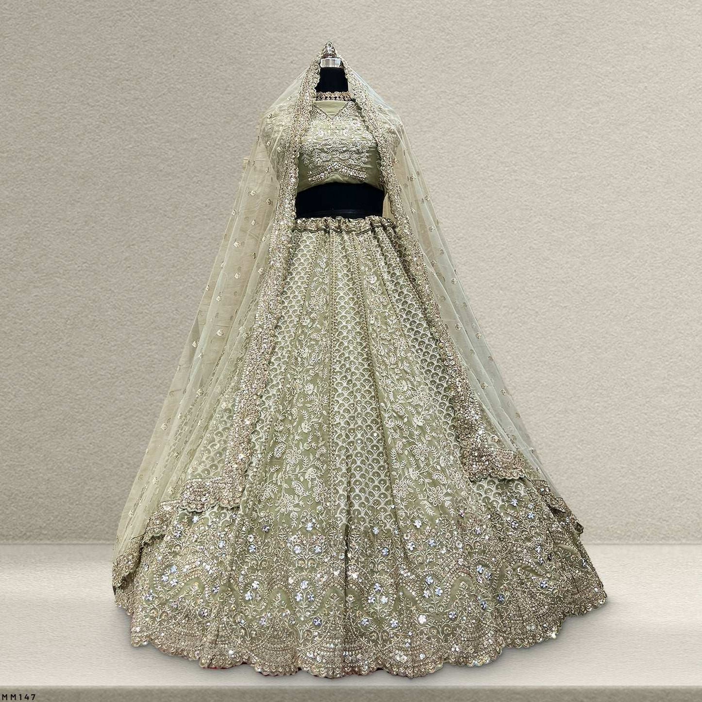 Jazzagals - Delicate Lucknawi Couture Georgette Sage Green Lehenga