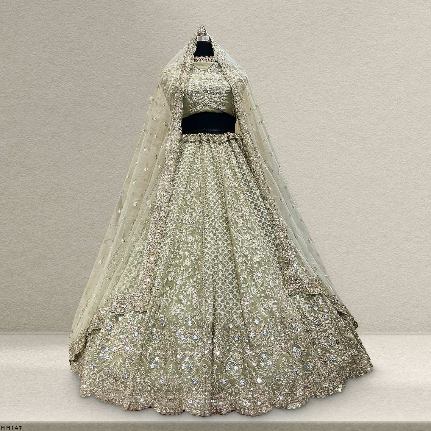 Jazzagals - Delicate Lucknawi Couture Georgette Sage Green Lehenga