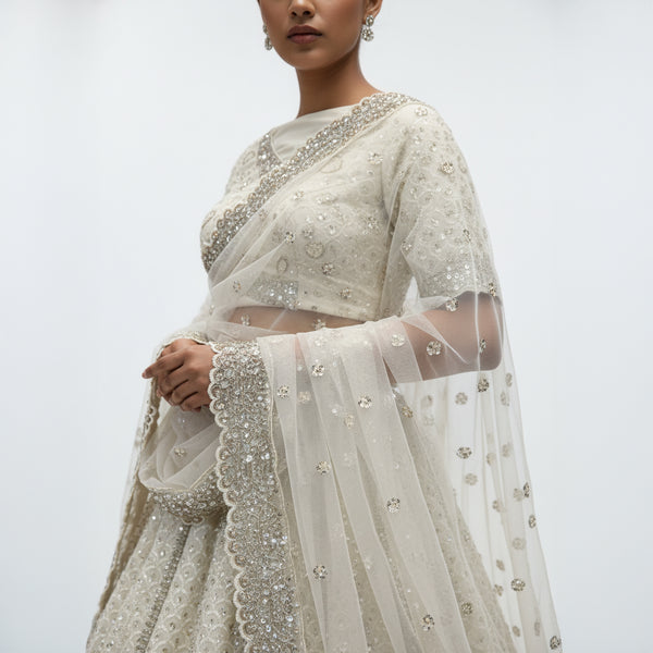 Jazzagals - Delicate Lucknawi Couture Georgette White Lehenga