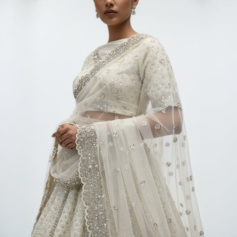 Jazzagals - Delicate Lucknawi Couture Georgette White Lehenga
